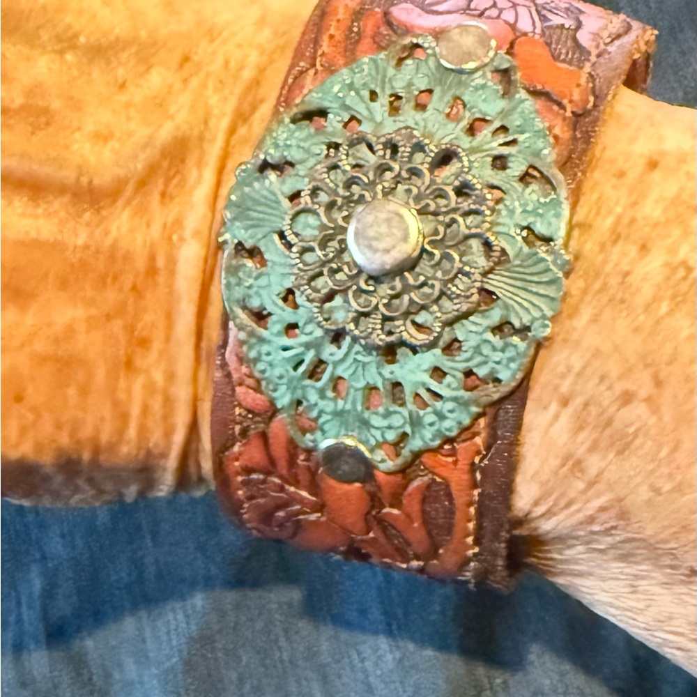Bohemian Vintage Leather Cuff Bracelet with Turquoise Accent